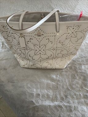 Coach Cream Leather Tote with Gold Stud Detail